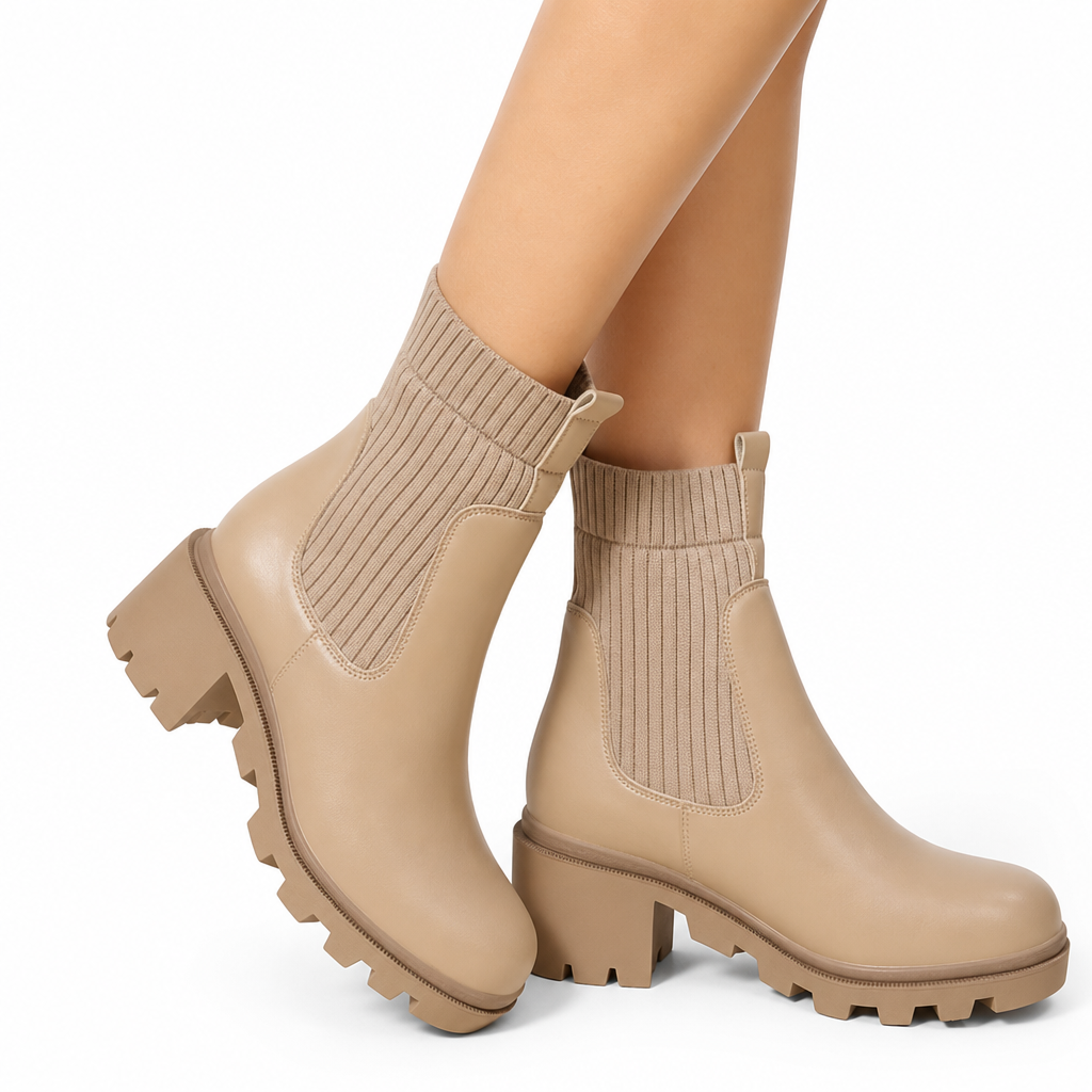 Bottines mode à petit talon pour femme, à bout carré, talon épais, style chaussette
