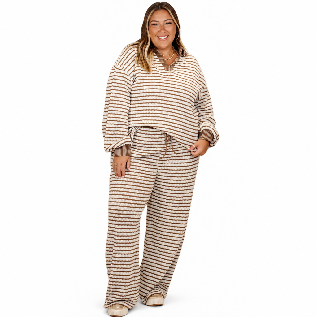 Ensemble de détente décontracté rayé pour femme, haut à manches longues et col V et pantalon à jambe large, deux pièces, coupe détendue