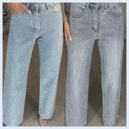 🔥Offre à durée limitée - Jeans à jambe droite ornés de strass