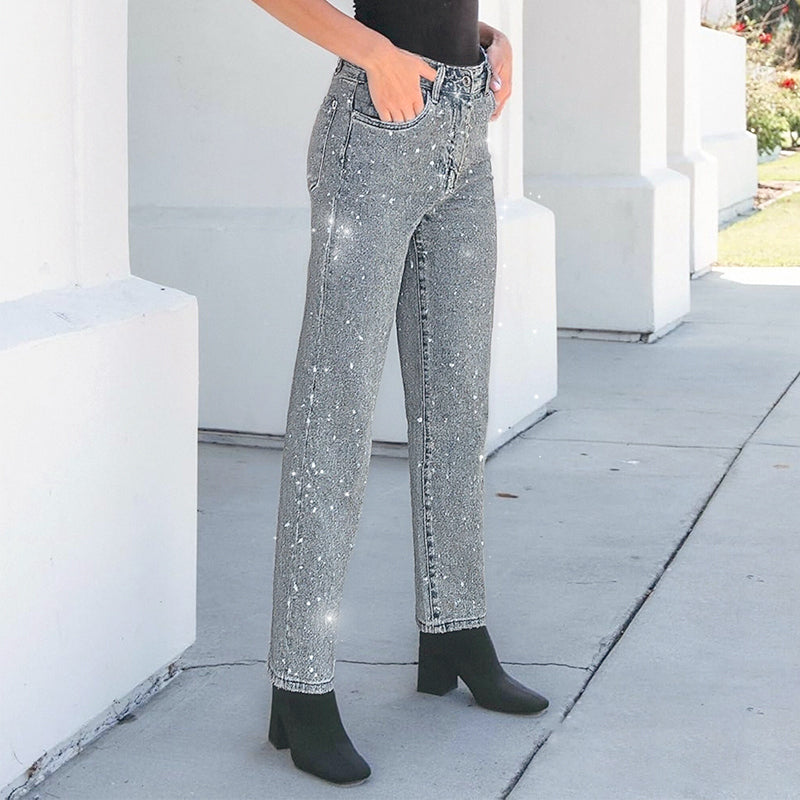 🔥Offre à durée limitée - Jeans à jambe droite ornés de strass