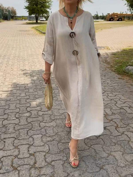 👗Bawełniana i lniana sukienka z dekoltem V