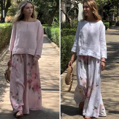 🌸Top w jednolitym kolorze + spodnie z szerokimi nogawkami z nadrukiem