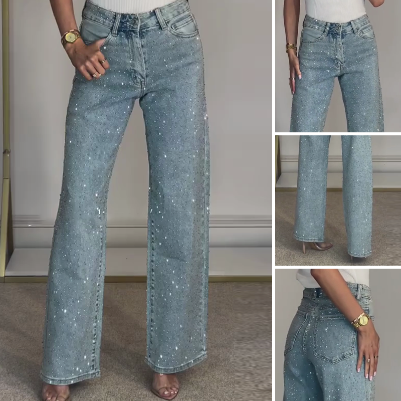 🔥Offre à durée limitée - Jeans à jambe droite ornés de strass