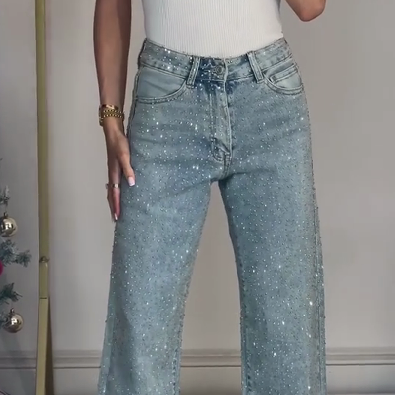 🔥Offre à durée limitée - Jeans à jambe droite ornés de strass