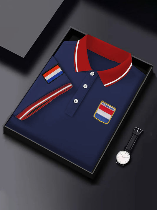 Męska haftowana odznaka z nadrukiem w stylu vintage, bawełniana koszulka polo z krótkim rękawem z nadrukiem