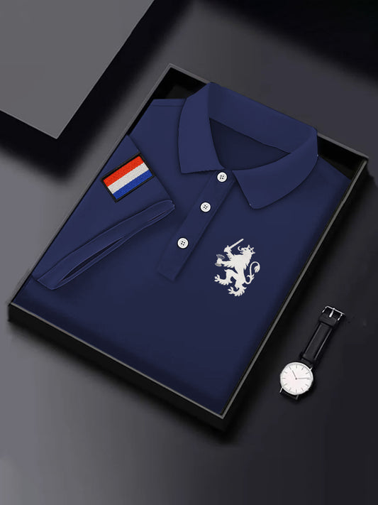 Męska plakietka z flagą holenderskiego lwa w stylu vintage z nadrukiem Casual Bawełniana koszulka polo z krótkim rękawem