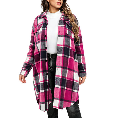 Chemise-veste décontractée à carreaux et boutons pour femme, coupe longue