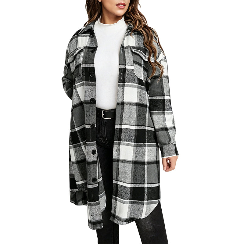 Chemise-veste décontractée à carreaux et boutons pour femme, coupe longue
