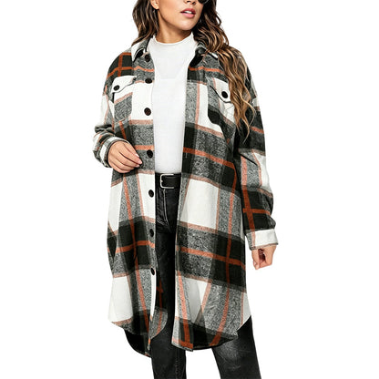 Chemise-veste décontractée à carreaux et boutons pour femme, coupe longue