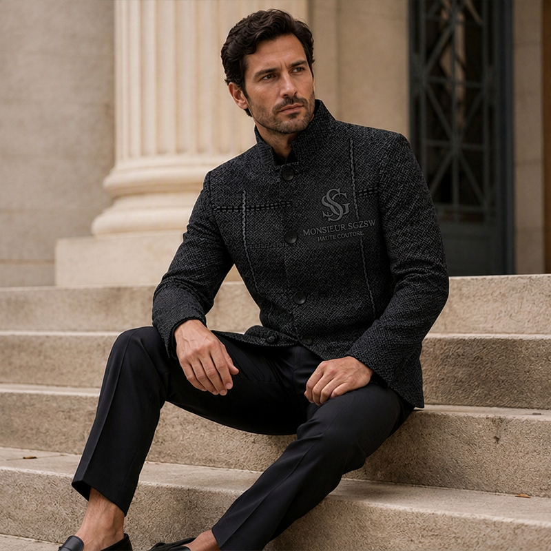 Blazer ajusté pour homme à col Mao
