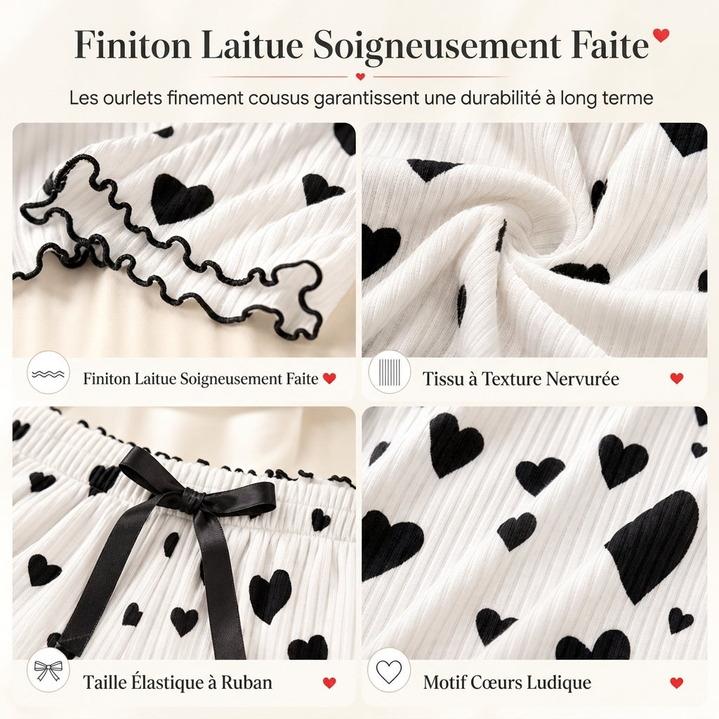 🔥 50% de réduction 🔥Ensemble de pyjama côtelé 2 pièces pour femme, débardeur à imprimé cœur et pantalon long, tenue de détente
