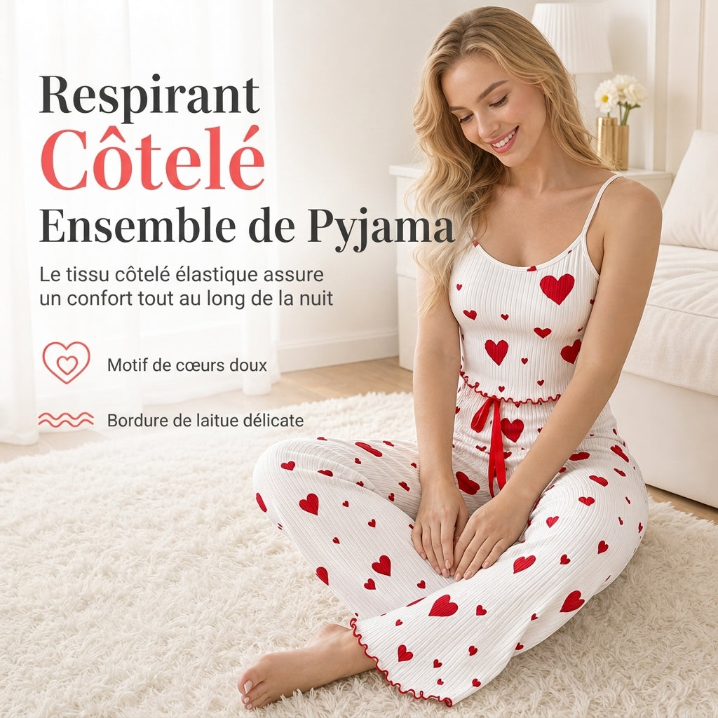 🔥 50% de réduction 🔥Ensemble de pyjama côtelé 2 pièces pour femme, débardeur à imprimé cœur et pantalon long, tenue de détente