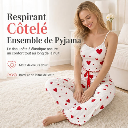 🔥 50% de réduction 🔥Ensemble de pyjama côtelé 2 pièces pour femme, débardeur à imprimé cœur et pantalon long, tenue de détente