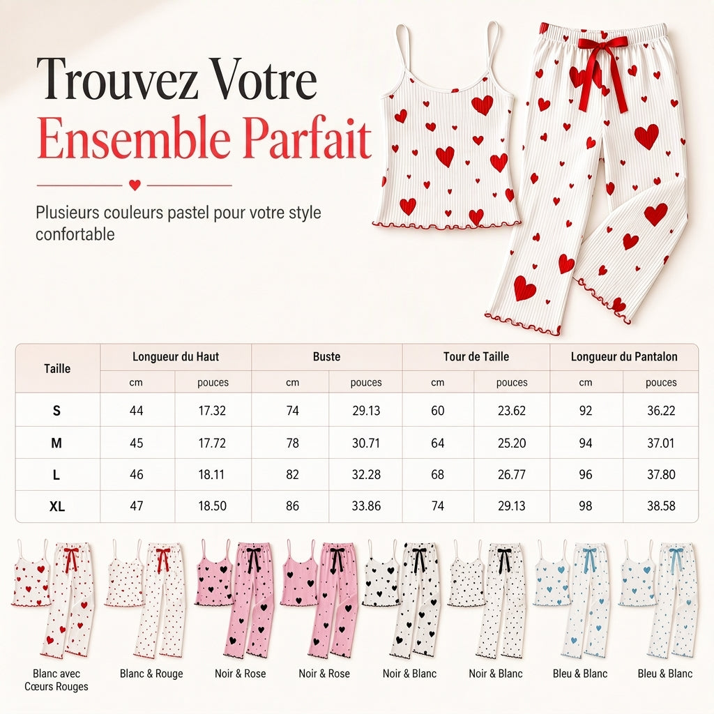 🔥 50% de réduction 🔥Ensemble de pyjama côtelé 2 pièces pour femme, débardeur à imprimé cœur et pantalon long, tenue de détente