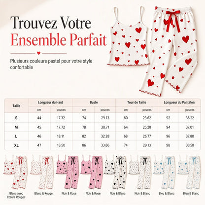 🔥 50% de réduction 🔥Ensemble de pyjama côtelé 2 pièces pour femme, débardeur à imprimé cœur et pantalon long, tenue de détente