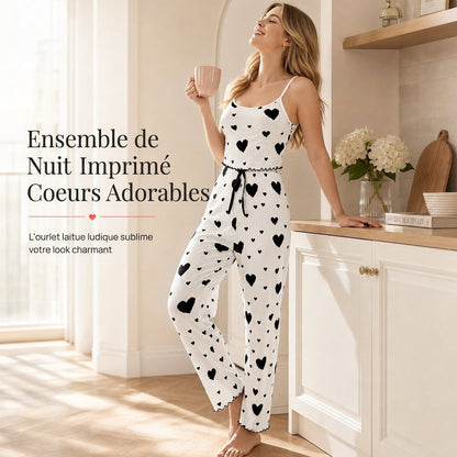 🔥 50% de réduction 🔥Ensemble de pyjama côtelé 2 pièces pour femme, débardeur à imprimé cœur et pantalon long, tenue de détente