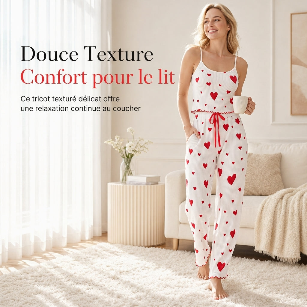 🔥 50% de réduction 🔥Ensemble de pyjama côtelé 2 pièces pour femme, débardeur à imprimé cœur et pantalon long, tenue de détente