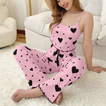 🔥 50% de réduction 🔥Ensemble de pyjama côtelé 2 pièces pour femme, débardeur à imprimé cœur et pantalon long, tenue de détente