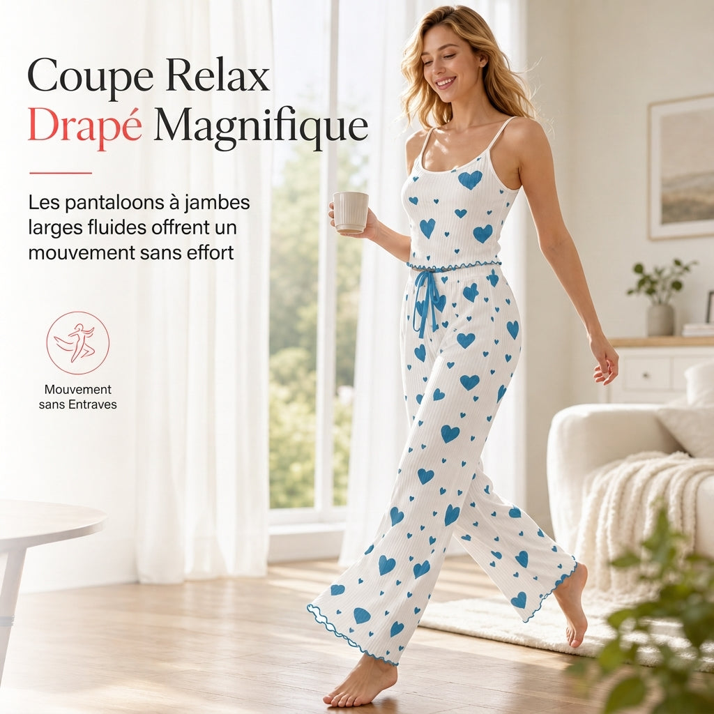 🔥 50% de réduction 🔥Ensemble de pyjama côtelé 2 pièces pour femme, débardeur à imprimé cœur et pantalon long, tenue de détente