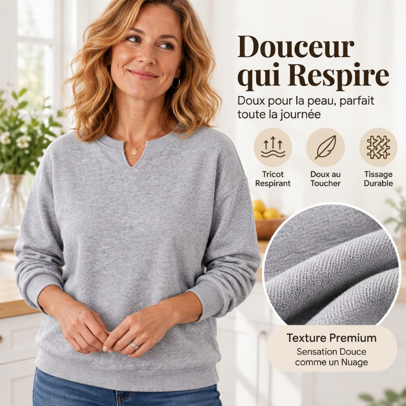 Sweat-shirt décontracté à col V fendu pour femme