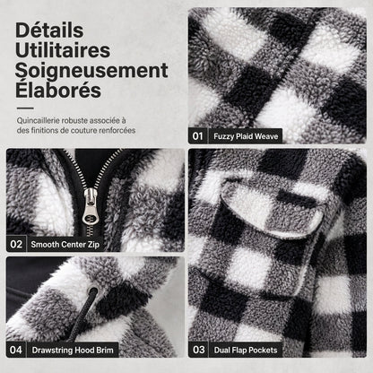 Manteau à capuche zippé en peluche à carreaux pour hommes avec deux poches poitrine à rabat