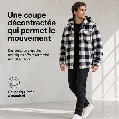 Manteau à capuche zippé en peluche à carreaux pour hommes avec deux poches poitrine à rabat
