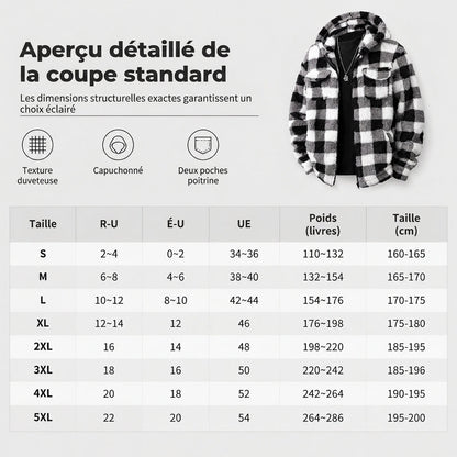 Manteau à capuche zippé en peluche à carreaux pour hommes avec deux poches poitrine à rabat