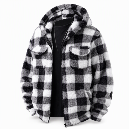 Manteau à capuche zippé en peluche à carreaux pour hommes avec deux poches poitrine à rabat