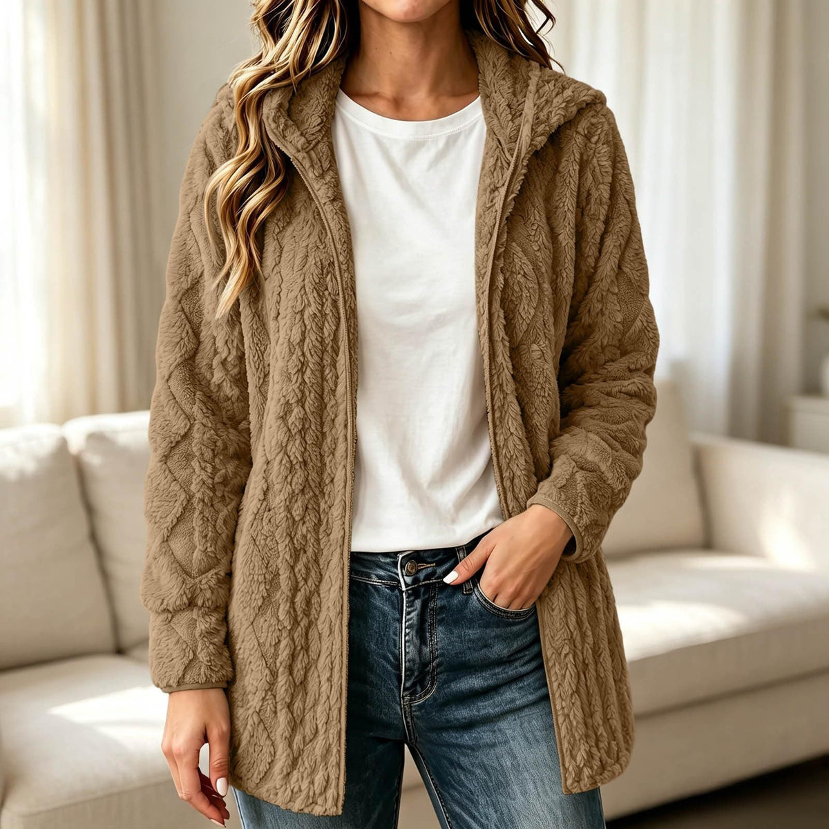 Manteau cardigan à capuche pelucheux décontracté pour femme