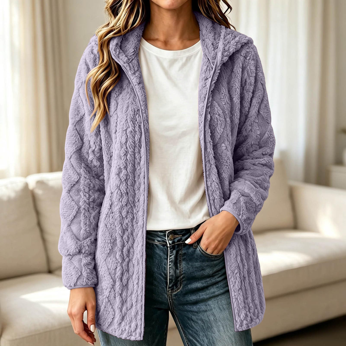 Manteau cardigan à capuche pelucheux décontracté pour femme