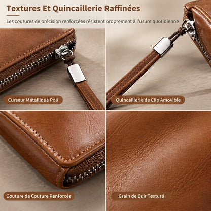 Portefeuille long à fermeture éclair pour homme, grande capacité, étui pour cartes multifonctionnel, pochette