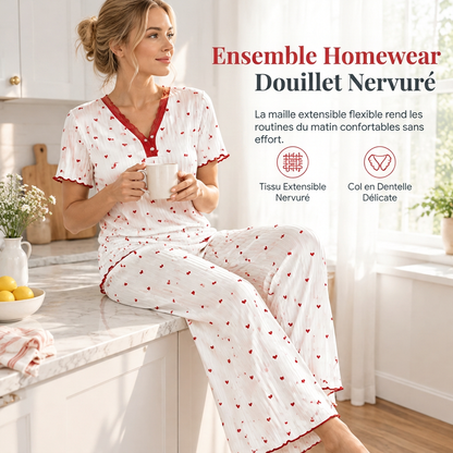 Ensemble de pyjama imprimé pour femme, haut à manches courtes et pantalon long, vêtement de détente confortable et élastique