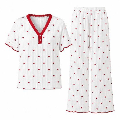 Ensemble de pyjama imprimé pour femme, haut à manches courtes et pantalon long, vêtement de détente confortable et élastique