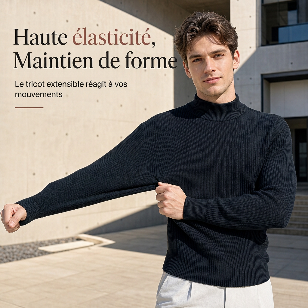 Pull en maille unicolore pour homme à col roulé simulé