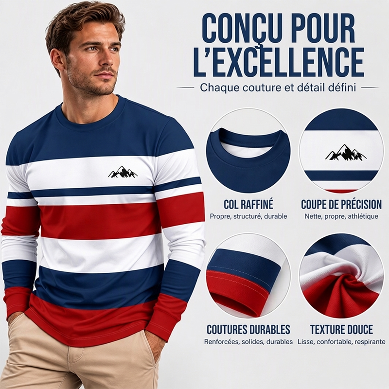 Haut à manches longues et col rond rayé pour homme