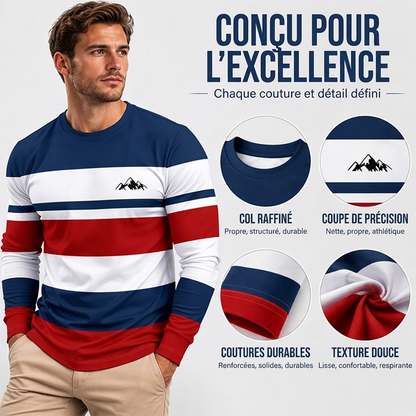 Haut à manches longues et col rond rayé pour homme
