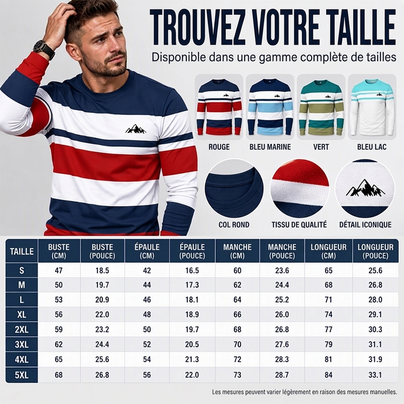 Haut à manches longues et col rond rayé pour homme