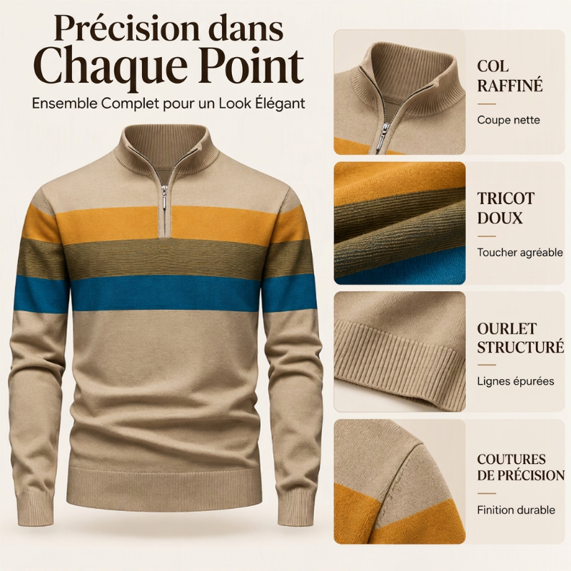 ✨ Pull homme rayé demi-zip, coupe ajustée et esprit décontracté : facile à porter au quotidien 🧶