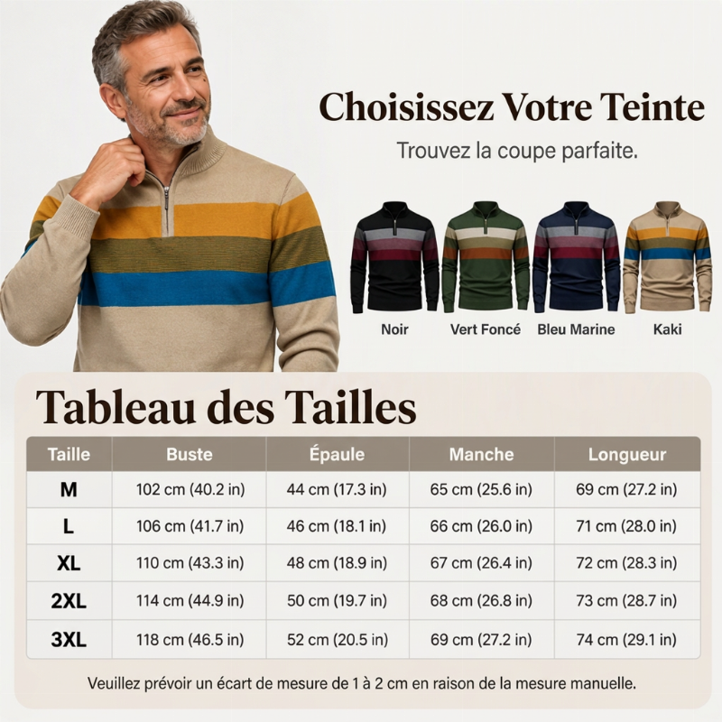 ✨ Pull homme rayé demi-zip, coupe ajustée et esprit décontracté : facile à porter au quotidien 🧶