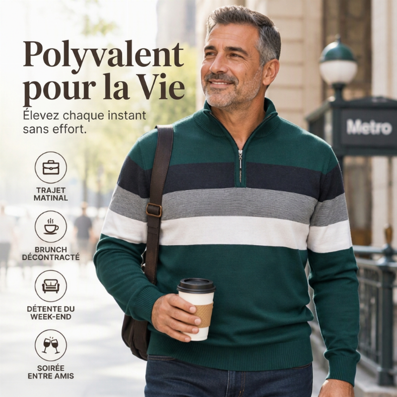 ✨ Pull homme rayé demi-zip, coupe ajustée et esprit décontracté : facile à porter au quotidien 🧶
