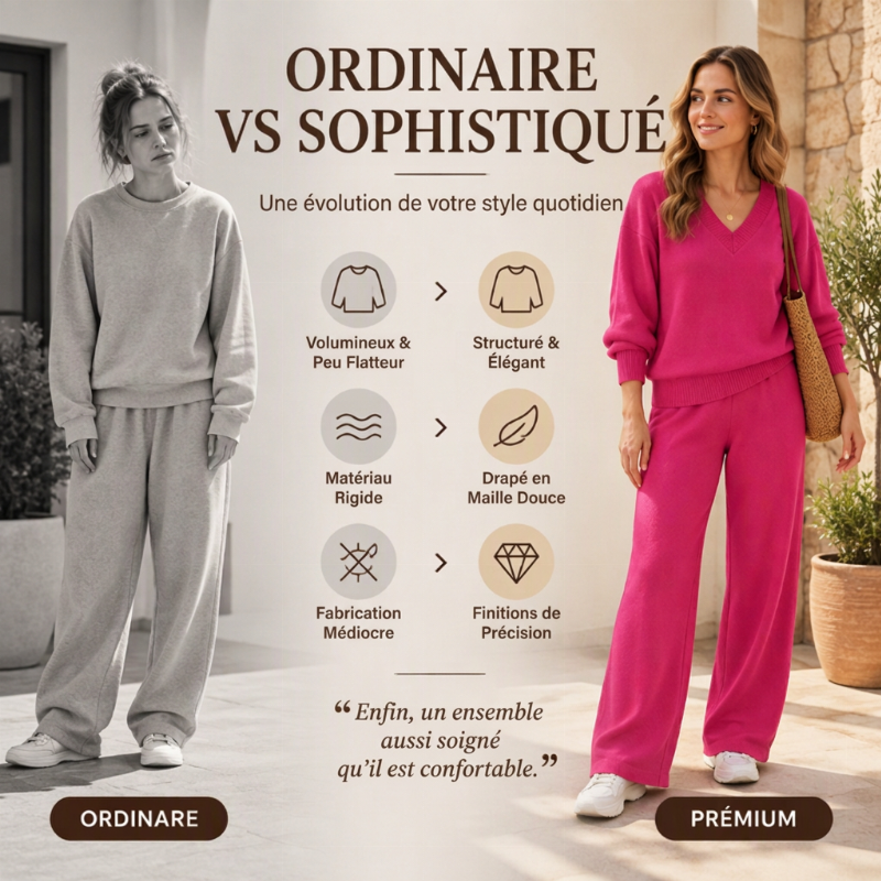 ✨ Ensemble 2 pièces pour femme : pull en maille col V et pantalon large, facile à porter au quotidien 🧶