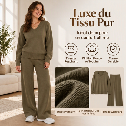 ✨ Ensemble 2 pièces pour femme : pull en maille col V et pantalon large, facile à porter au quotidien 🧶