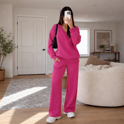 ✨ Ensemble 2 pièces pour femme : pull en maille col V et pantalon large, facile à porter au quotidien 🧶
