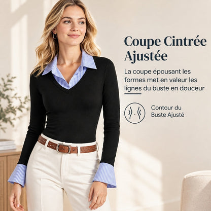 ✨ Pull en maille à rayures pour femme, style préppy et effet deux pièces, manches longues et coupe ajustée : facile à porter au quotidien 🧶