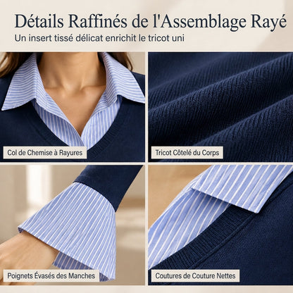 ✨ Pull en maille à rayures pour femme, style préppy et effet deux pièces, manches longues et coupe ajustée : facile à porter au quotidien 🧶