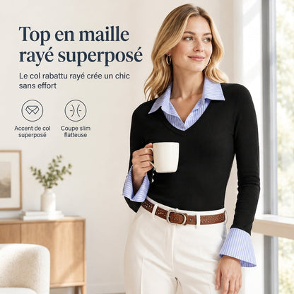 ✨ Pull en maille à rayures pour femme, style préppy et effet deux pièces, manches longues et coupe ajustée : facile à porter au quotidien 🧶