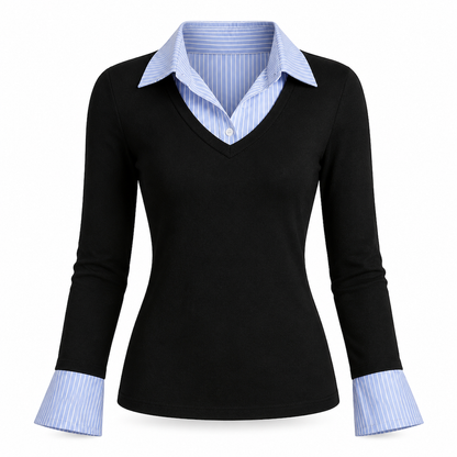 ✨ Pull en maille à rayures pour femme, style préppy et effet deux pièces, manches longues et coupe ajustée : facile à porter au quotidien 🧶