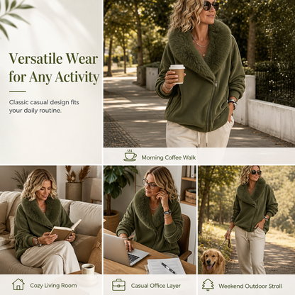 Manteau pour femme à la coupe ample, avec col en fausse fourrure moelleuse et fermeture éclair asymétrique