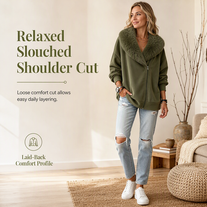 Manteau pour femme à la coupe ample, avec col en fausse fourrure moelleuse et fermeture éclair asymétrique