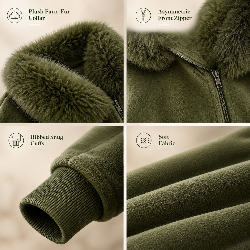 Manteau pour femme à la coupe ample, avec col en fausse fourrure moelleuse et fermeture éclair asymétrique